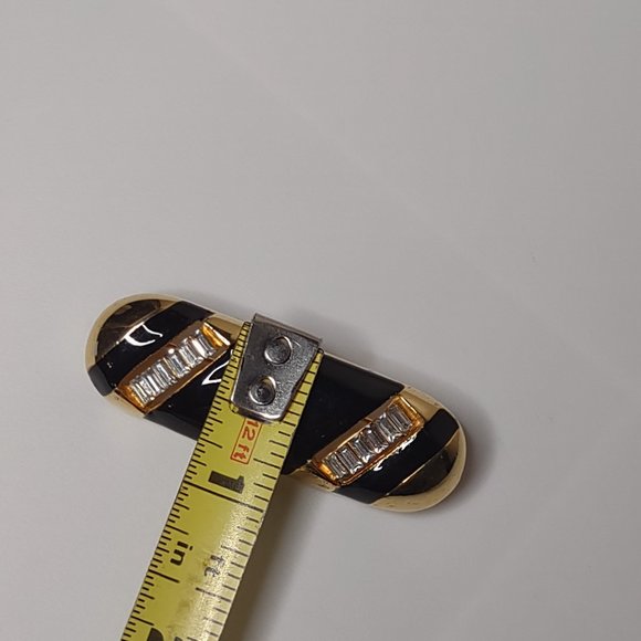 Black And Gold Tone Oval Brooch With Clear Rhinestones - Picture 9 of 14